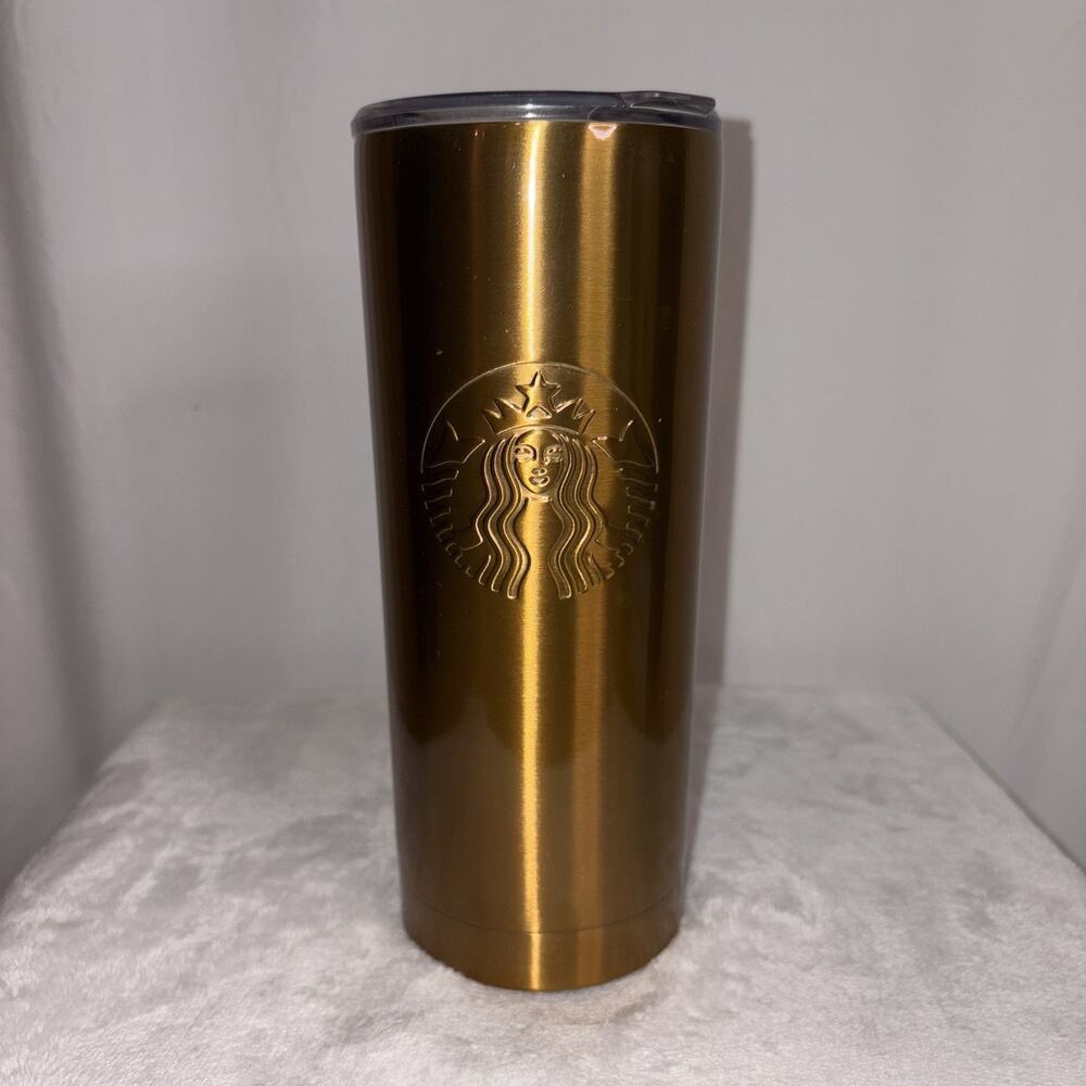 Starbucks Tumbler Travel Mug Stainless Steel Bronze Gold Embossed 2022 20 Oz EUC